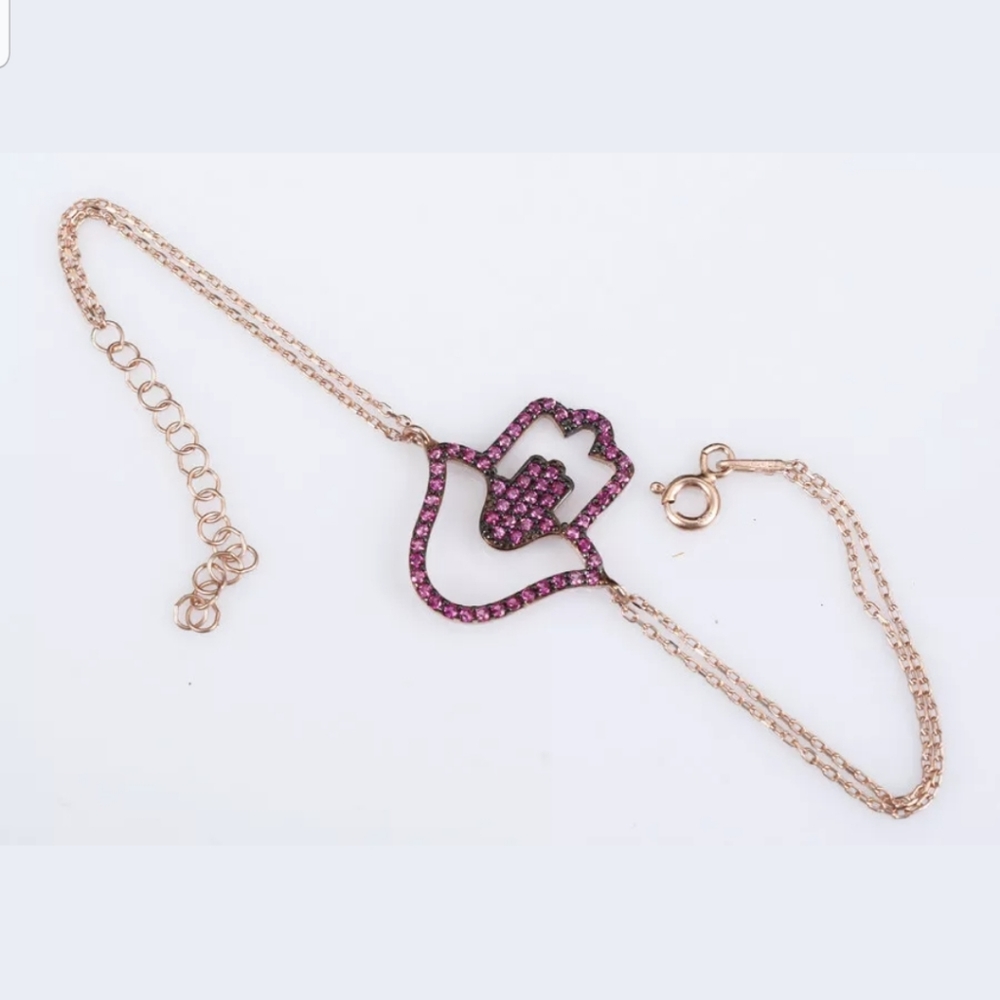 Ruby & rose gold Hamsa bracelet 7.5"